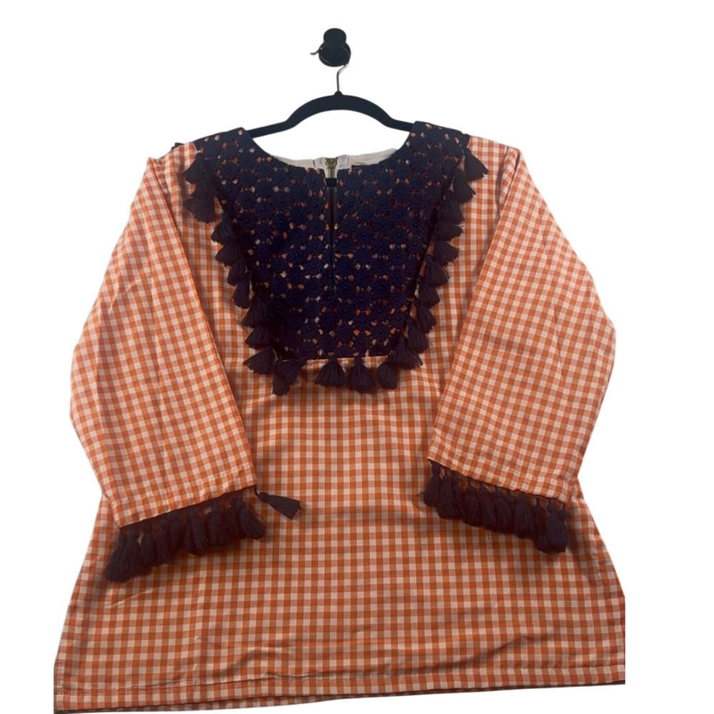 Elizabeth Wilson Orange Gingham Tassel Crochet Bib Top Navy Blue Trim Medium